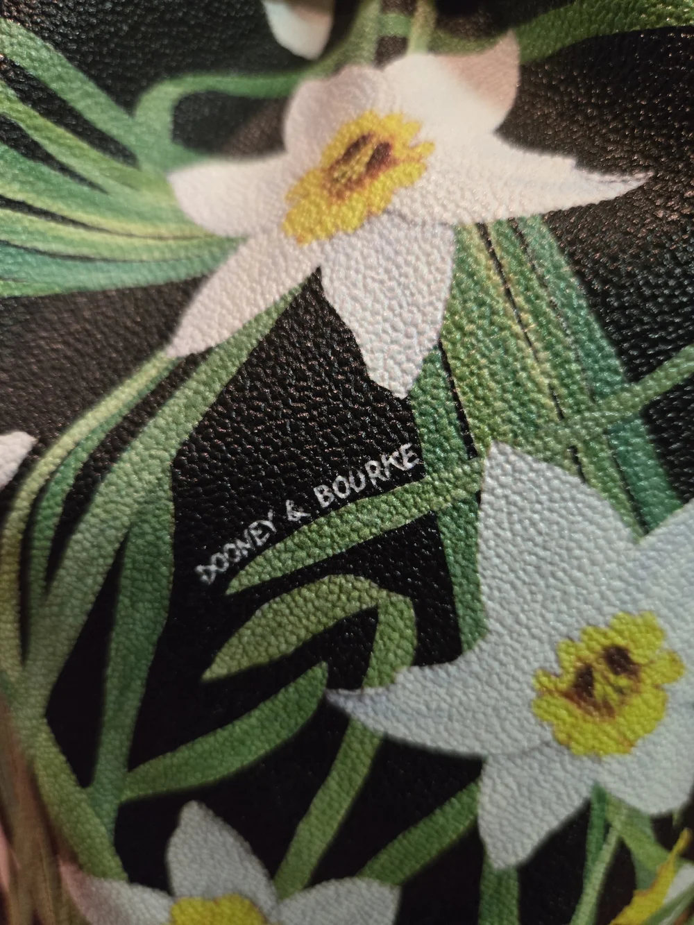 Dooney & Bourke Black Green Floral Drawstring Bucket Bag with Tan Trim. W/Pouch